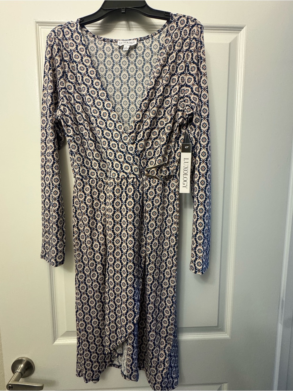 Luxology Navy and White Geometric Wrap Dress